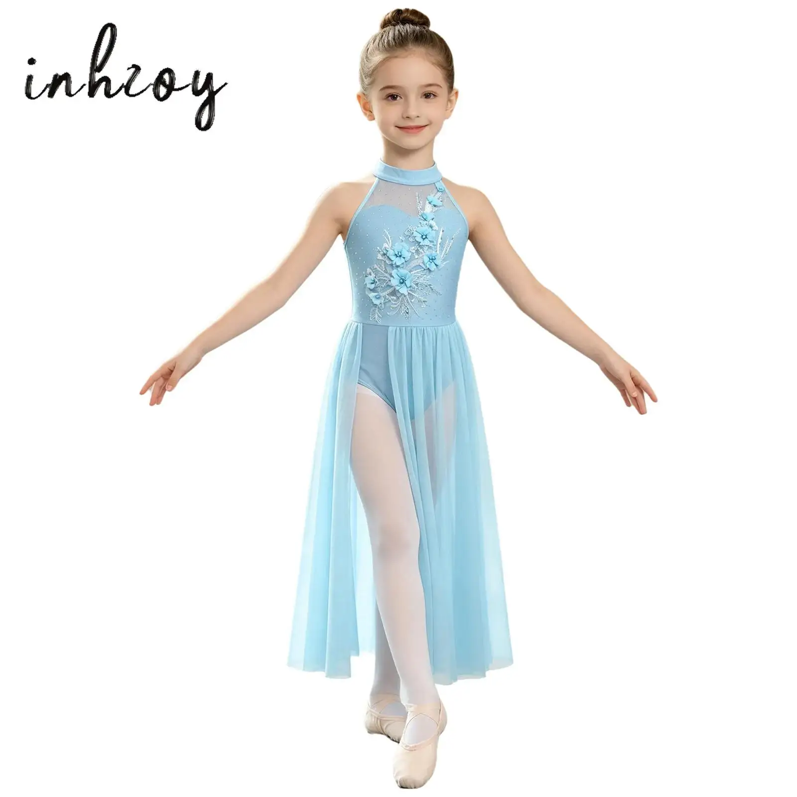 Kids Girls Lyrical Ballet Dance Leotard Dress Sleeveless Keyhole Back Applique Bodice Split Mesh Hem Maxi Dress for Performance