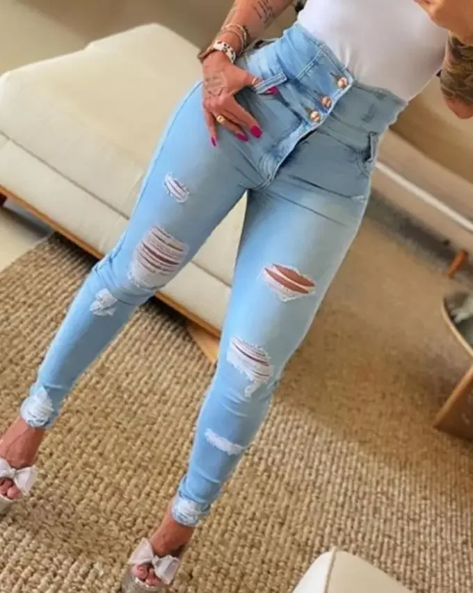 

Women Fashion Stretch Ripped Distressed Skinny High Waist Denim Pants Trousers Slim Jeggings Ladies Spring Autumn Wear