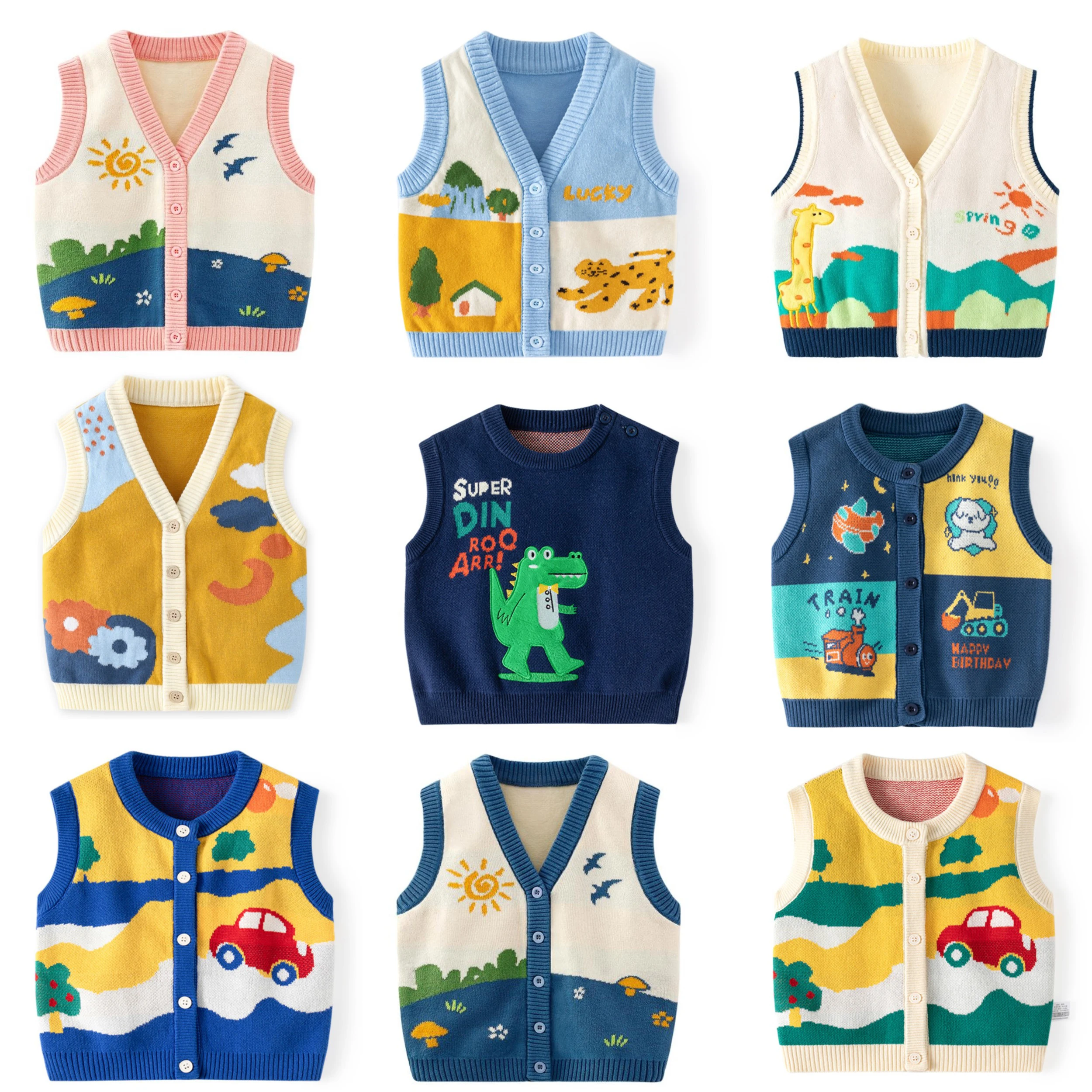 Autumn 1-5Y Kids Boys Waistcoat Cartoon Jacquard Colourful Toddler Boys Vest Soft Cotton Contrast Children Baby Boys Knitwears