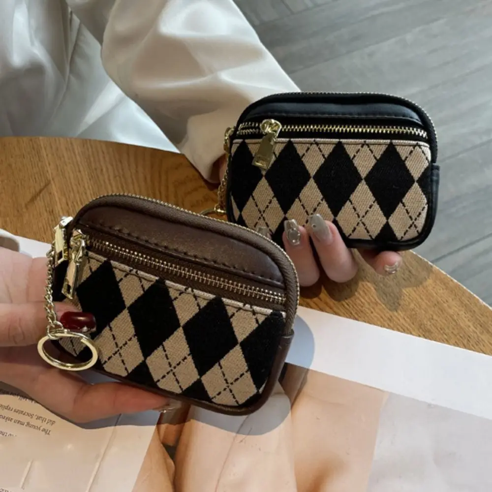 

Three Layers Rhombus Plaid Wallet Solid Color Mini Zipper Coin Purse Earphone Pouch Korean Style Small Item Bag Outdoor