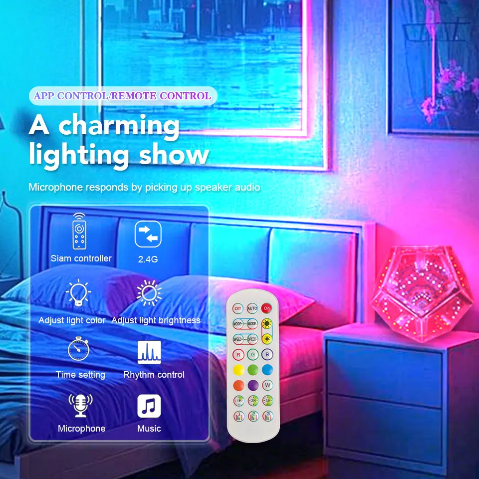 RGB Color Changing Music Sync LED Night Light Infinity Dodecahedron Mirror Table Lamp USB-Powered Festive Gift for Bedroom Party