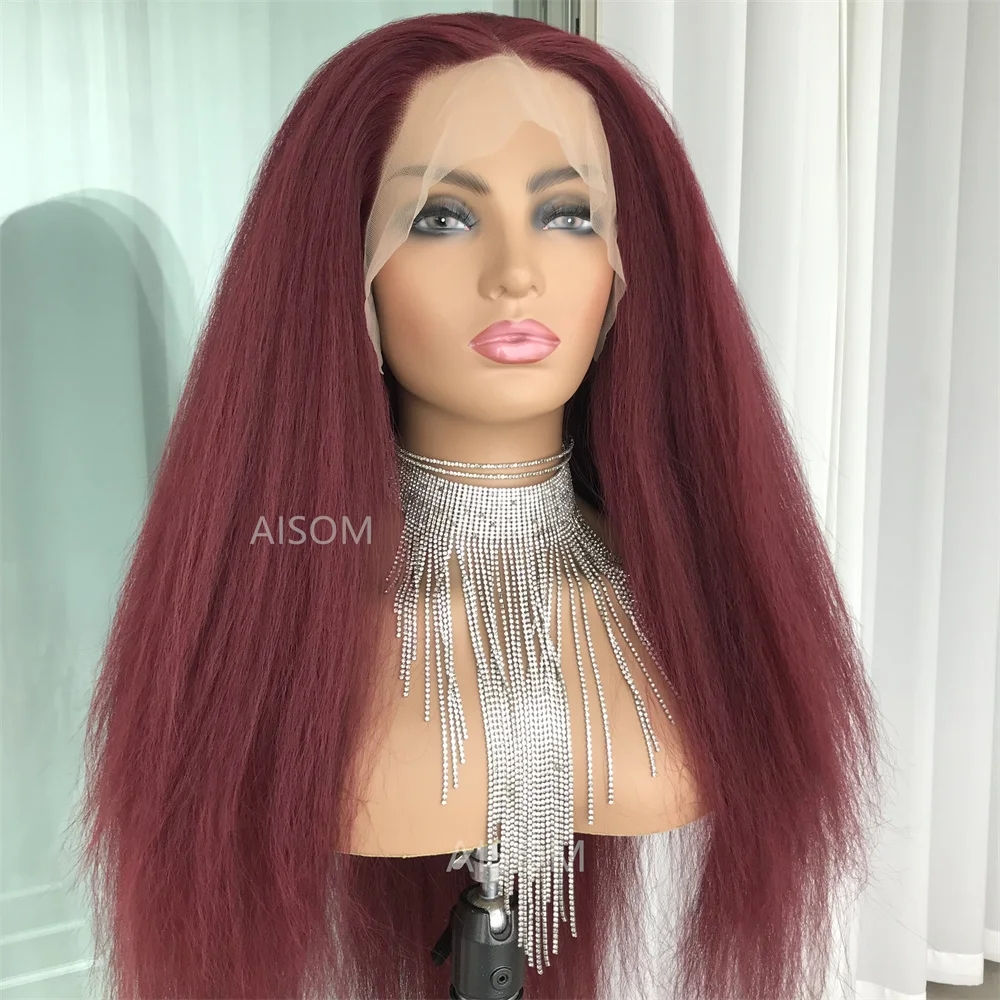 

Kinky Straight Wig Burgundy 99J Yaki Lace Front Wig For Women With Baby Hair Synthetic Wigs Heat Resistant Glueless Women's Wig