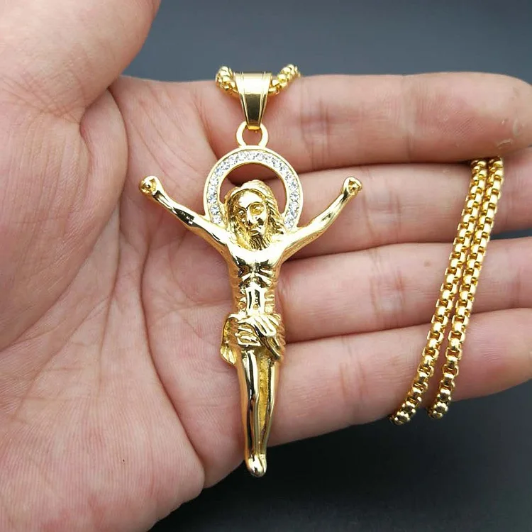 316L Stainless Steel Necklace Chain Gold Color Christian Jewelry Jesus Crucifix Men\'s Cross Pendant Necklace For Men
