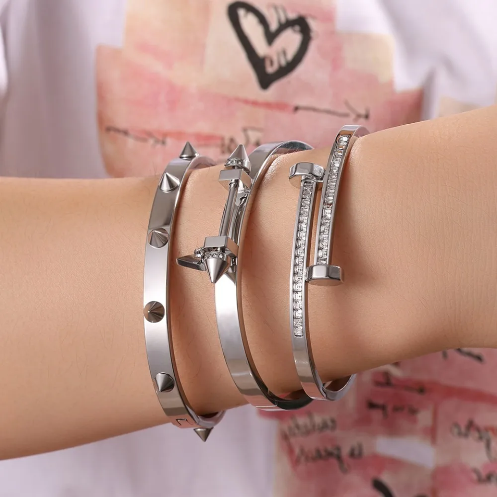 Minimalist Stainless Steel Willow Nail Bracelet Set for Women Shiny Cubic Zirconia Jewelry Gift Waterproof Fashion Accessory view 5