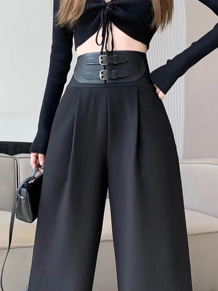 

2024 Women's Solid Color High Waisted Zipper Wide Leg Spring Autumn New Fashion Patchwork Straight Suit Pants