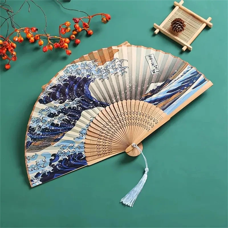 Classic Japanese Style Folding Fan Handmade Decorative Wave Foldable Fan Handheld Vintage Hand Fans for Women Portable Folding