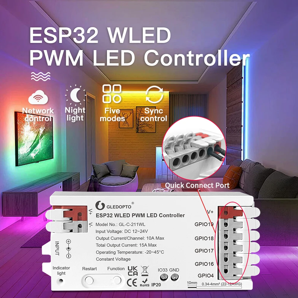 

GLEDOPTO ESP32 PWM WLED LED Controller 5 Modes in 1 DC 12-24V WiFi App Control For RGBCCT RGBW RGB WWCW CCT Dimmer Strip Light