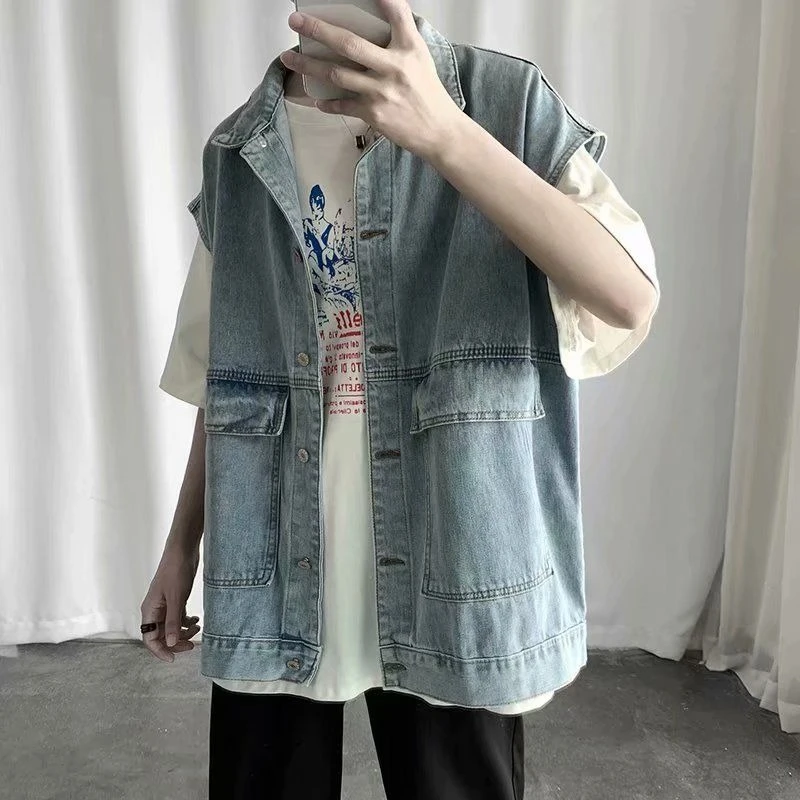 

Men's Korean Workwear Denim Vest Loose Fit Sleeveless Spring Autumn Student Vest Retro Utility Jacket