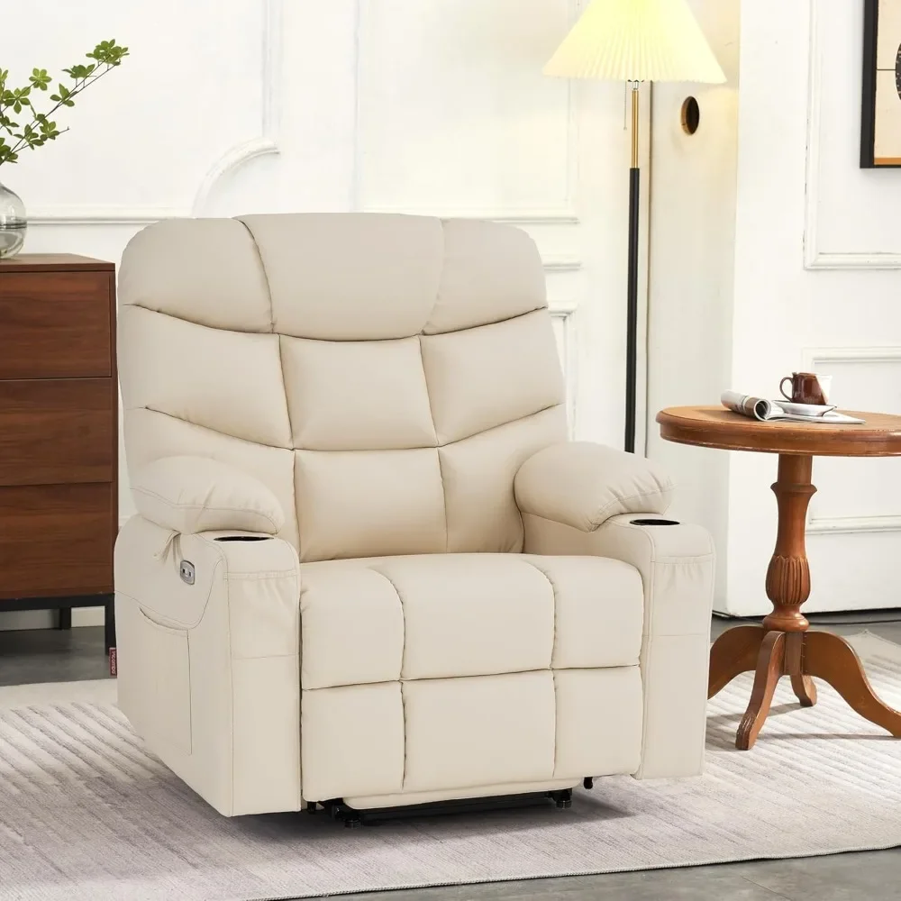 Power Lift Recliner Chair with Extended Footrest for Big Elderly People, Faux Leather R7289 (Cream White, Medium-Wide)