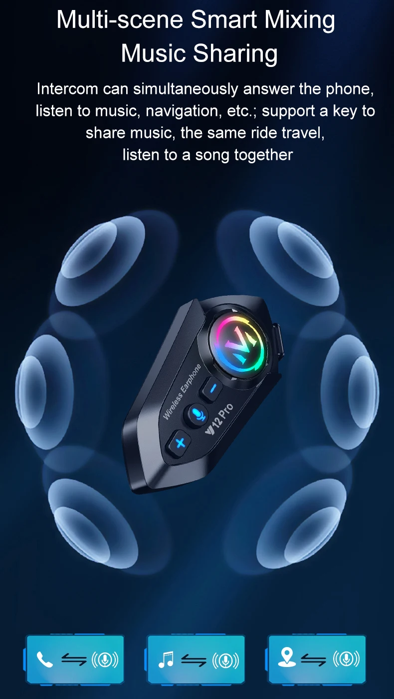 Y12 Pro Motorradhelm Bluetooth Headset Intercom Entfernung 500M IP56 Staub und wasserdicht Sprachassistent Mischen Musik Teilen – Detail 8
