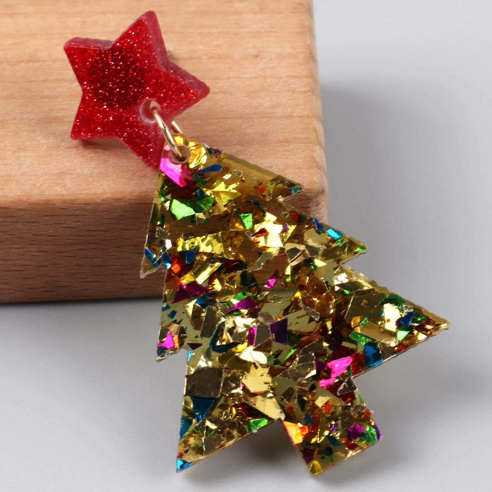 New Glitter Acrylic Christmas Tree Drop Earrings for Women Trendy Colorful Star Plant Statement Earring Xmas Party Jewelry Gifts