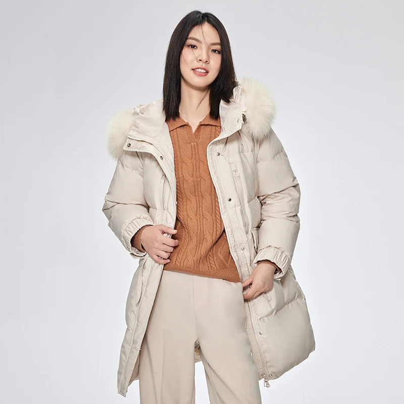 Chericom レディース ブラック ミッドレングス ダウンジャケット ホワイトファー フード付き パファージャケット 暖かい冬用パーカー ルーズフィット パッド入りコート Y278102Y