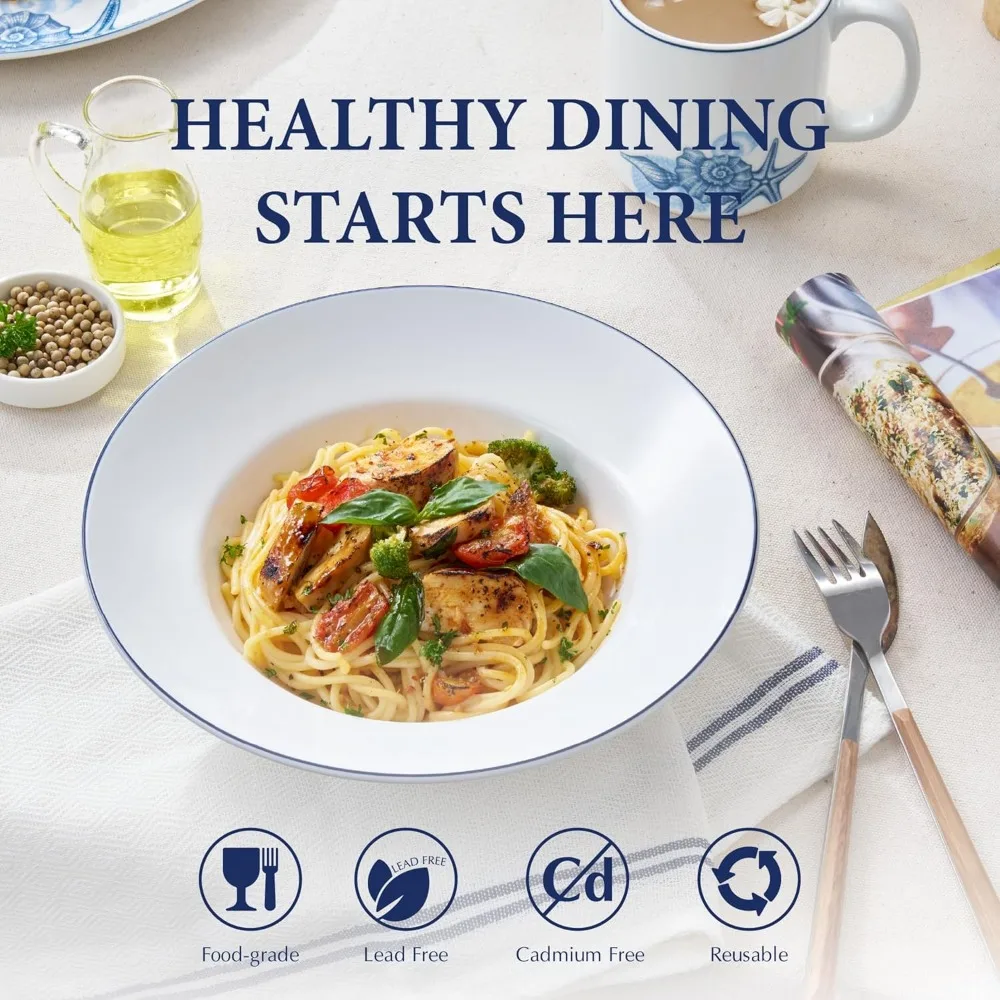 Conjunto de 6 tigelas de macarrão de porcelana branca – ideais para sopa e saladas rasas, além de 9 tigelas de jantar com borda azul para servir, adequadas