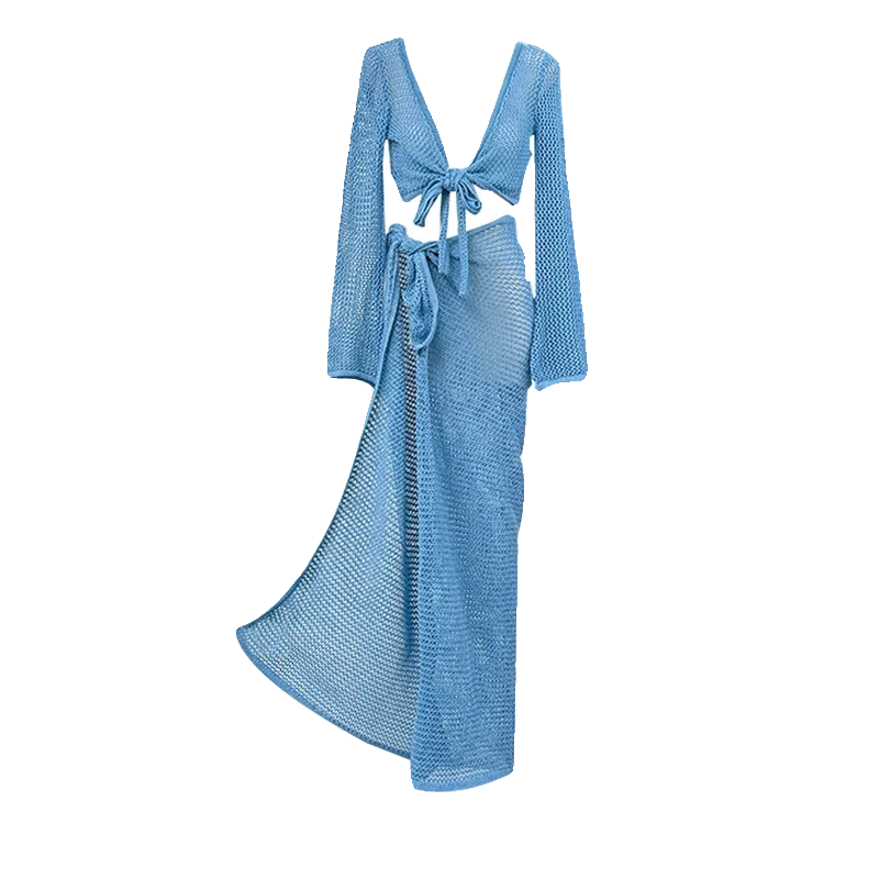 Sexy Hollow Out Knitted Top and Skirt Sets Outfits Women Elegant Summer Wrap Over Split 2 Piece Set Holiday Beachwear