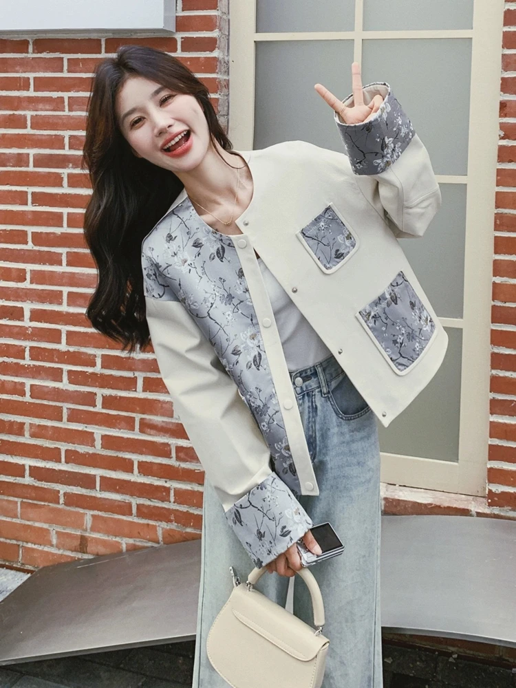 Women's Coat Loose Round Neck Fashion Splicing Jacket Women Button Long Sleeve Pockets Casual Daily Breathable Women Clothing