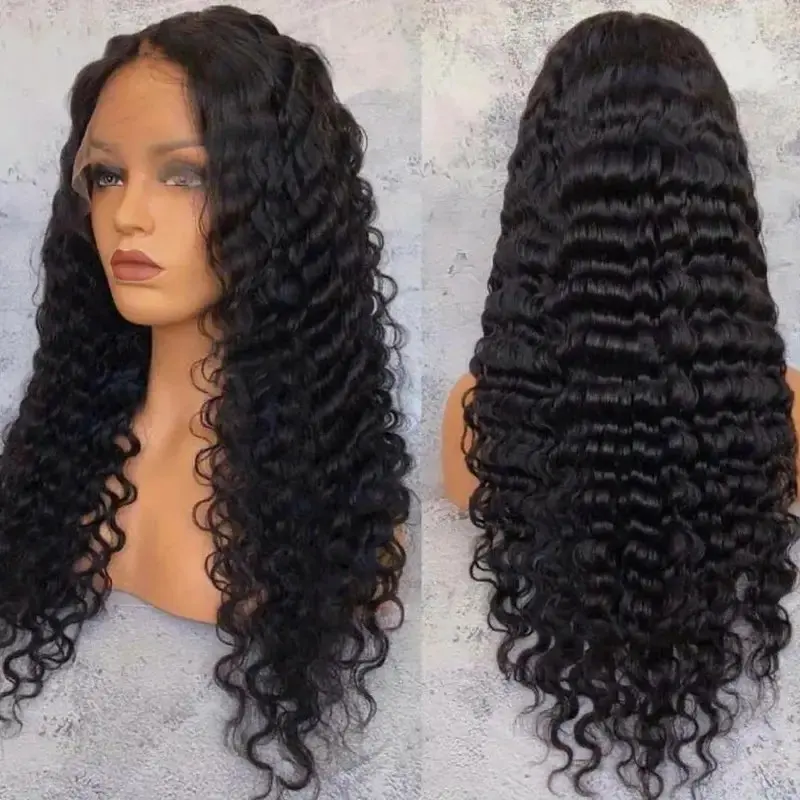 Natural Black 20 40 Inch 5x5 Glueless 150% Curly Lace Front Deep Wave Frontal Full Wig For Women Human Hair Wigs