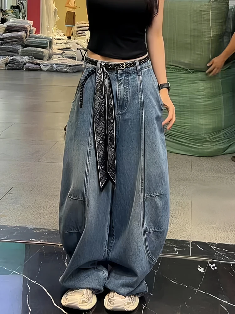 

Ретро-джинсы в американском стиле для женщин, свободного кроя, летние, новинка, дизайн в стиле Hot Girl, универсальные брюки в пол, с естественной линией талии, однотонные