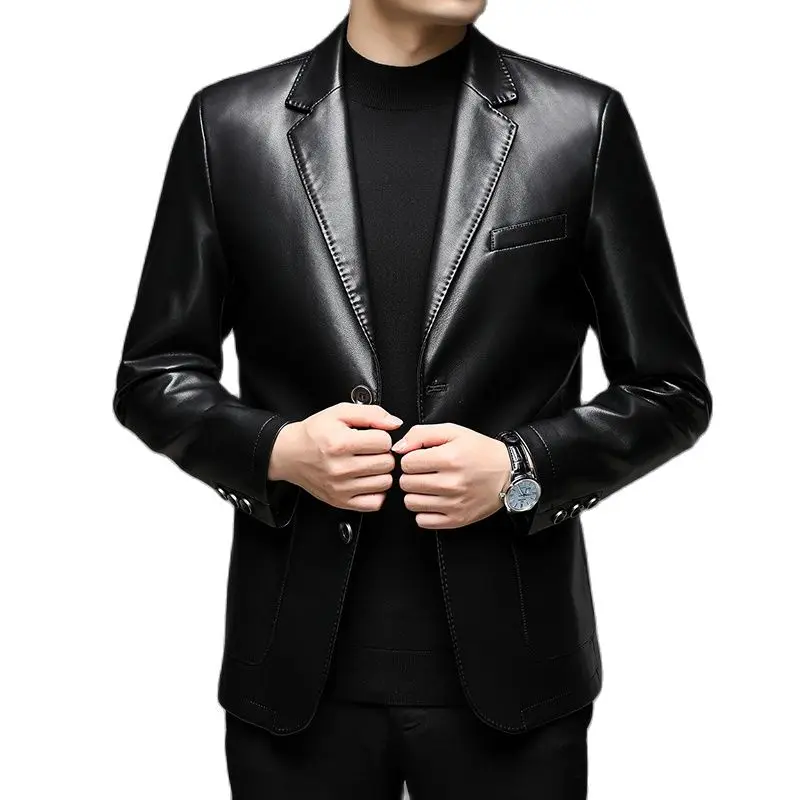 Men\'s Faux Leather Suit Blazers, Slim Fit, Soft, Business, Formal, Wedding, PU Jacket, Fashion Brand, Spring, Autumn, New, 2025