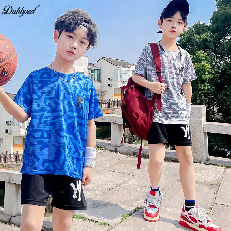 DUBBPED Children's Summer Suit  Boys Summer Small Kids Short-sleeved Cartoon  Two Pieces Quick drying Shorts Short sleeve 4-16Y