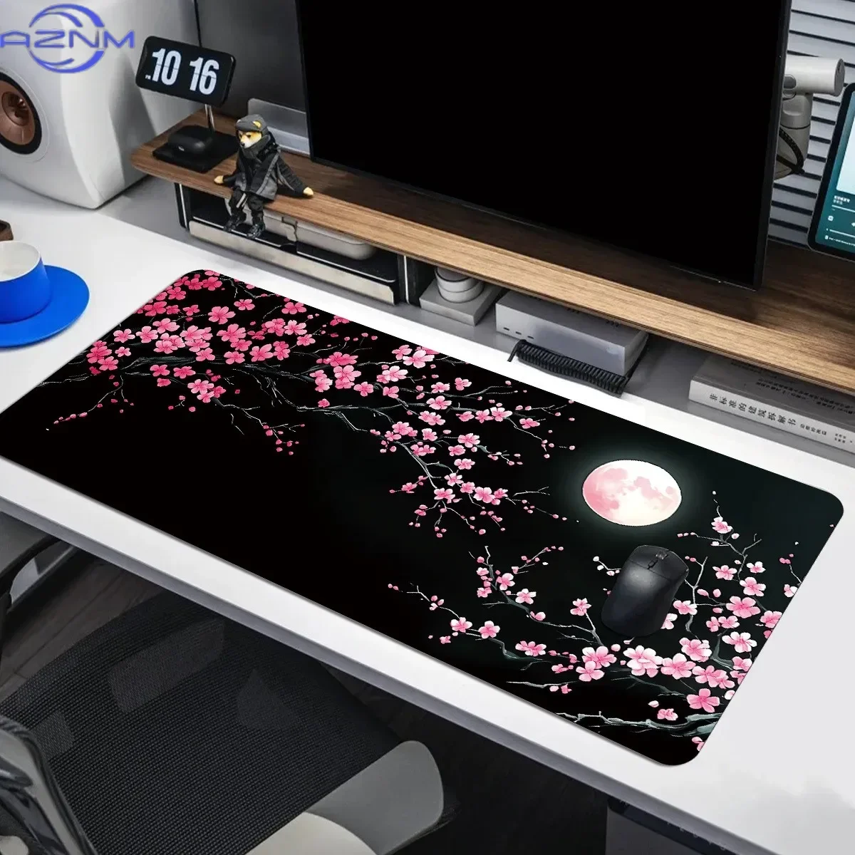 Pink Cherry Blossom Full Moon Large Mouse Pad, Black Background Japanese Sakura Art Waterproof Non-Slip Stitched