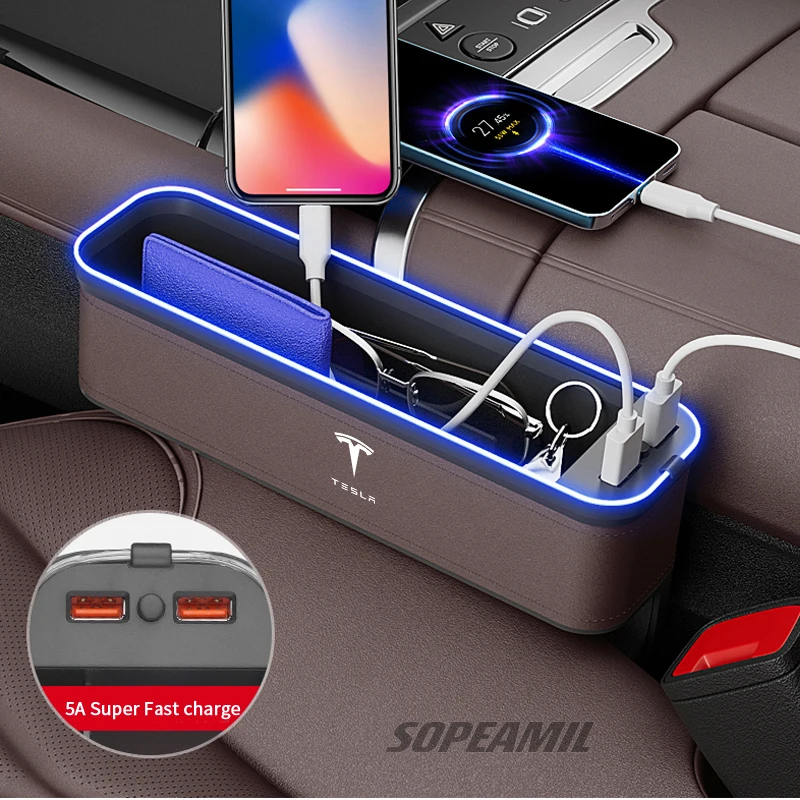 자동차 USB 충전 다기능 틈새 보관함 Tesla Cybertruck Roadster 모델 3 모델 Y 모델 S 모델 X 용 시트 갭 박스 썸네일 4