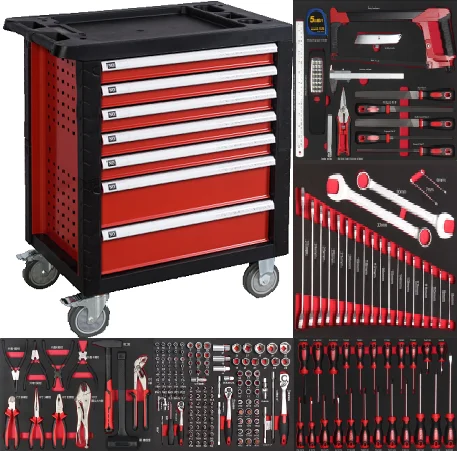 

Red Line-1-208 7 Drawer Roller Cabinet 5 Layer 208pcs CRV Hand Tool Sets Steel Workshop Garage Tool Storage Trolley Box