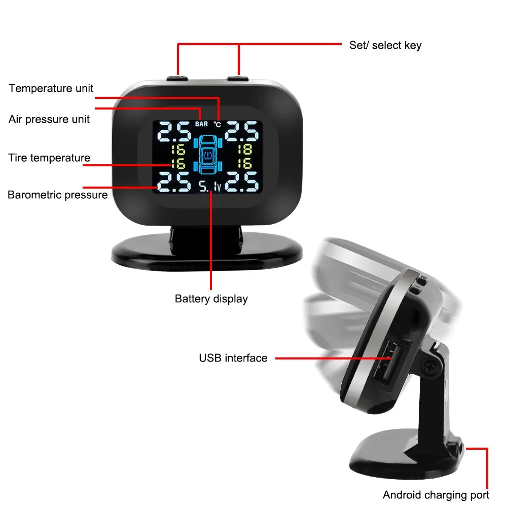 USB TPMS พร้อม 4 ชิ้นเซ็นเซอร์ภายนอกจอแสดงผล LCD ไร้สายระบบเตือนภัยอัตโนมัติระบบตรวจสอบความดันยางรถยนต์ขนาดเล็ก