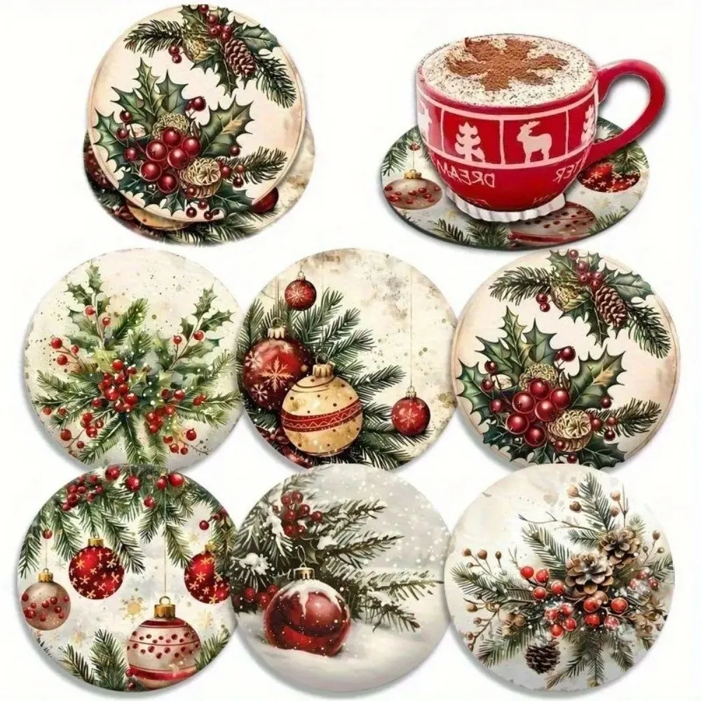 6pcs Wooden Christmas Drink Coaster Snowman Heat-Resistant Santa Claus Coaster Reindeer 2D Patterned Insulation Pad