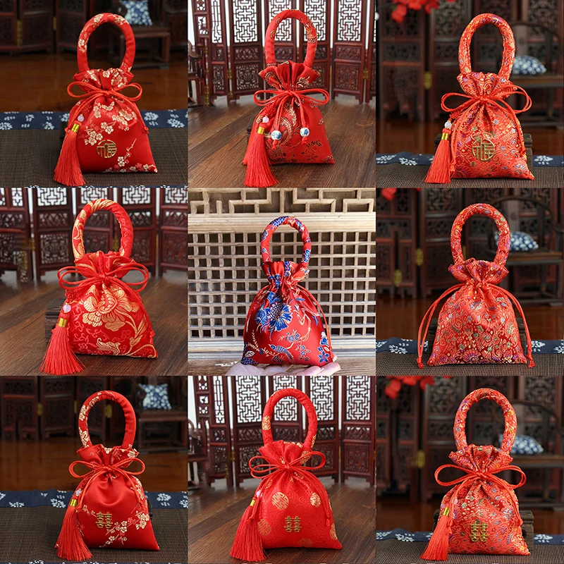 1pc 14x11cm Portable Brocade Wedding Candy Bag Package Bag Drawstring Red Candy Bag Spring Festival Chinese Red Bag Party Gifts