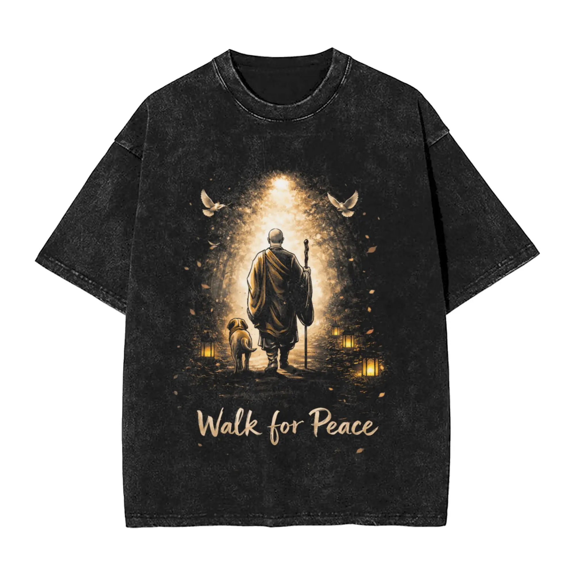 Peace Walking Monks Men's T Shirts Washed  Funny Tees Short Sleeve Round Collar T-Shirts Cotton Plus Size Tops