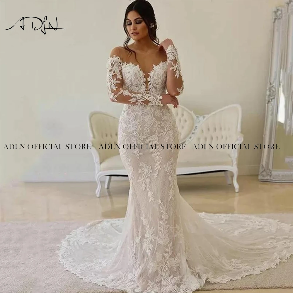 Sexy Long Sleeves Mermaid Wedding Dresses abito da sposa Sheer Neck Chapel Train Backless Lace Civil Bridal Gown