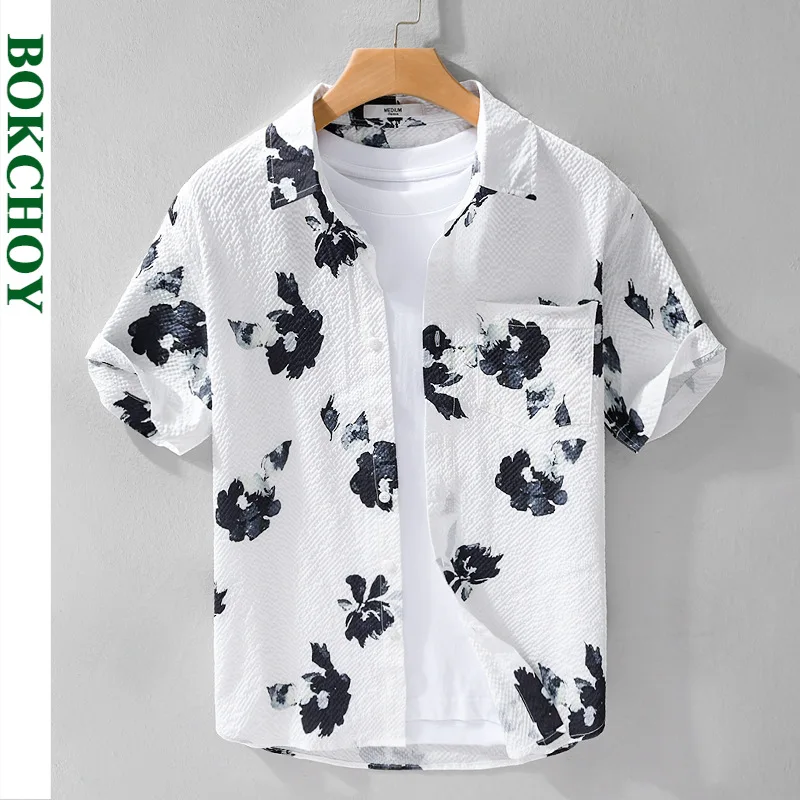 2024 Spring Summer New Casual Printed Short Sleeve Shirts Men Clothing Thin Bubble Texture Comfortable Loose Streetwear FY537