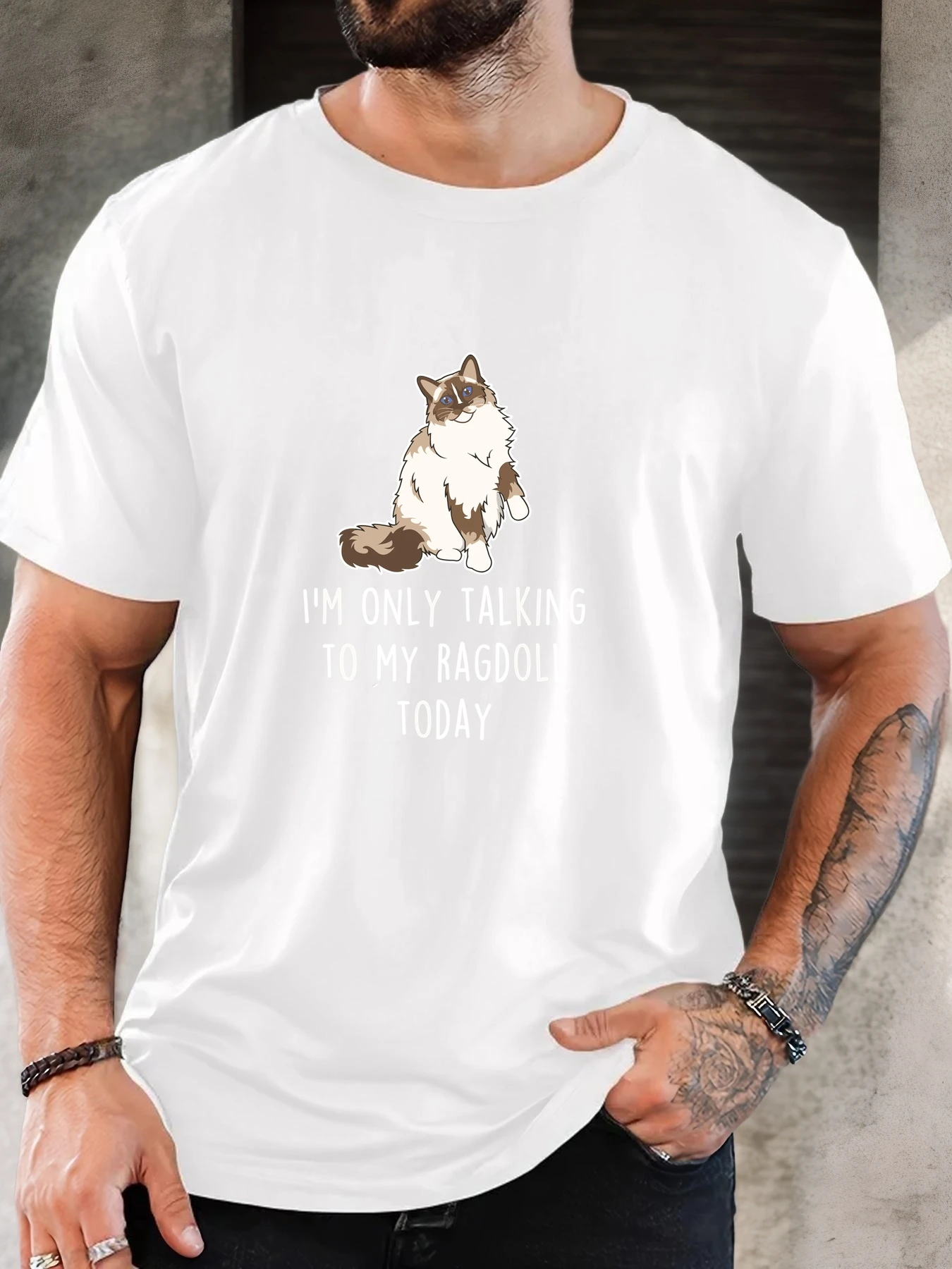 Men Black Crew Neck Tee Cute Fluffy Ragdoll Cat Cartoon I M Only Talking To My Ragdoll Today White Funny Pet Slogan Graphic Soft