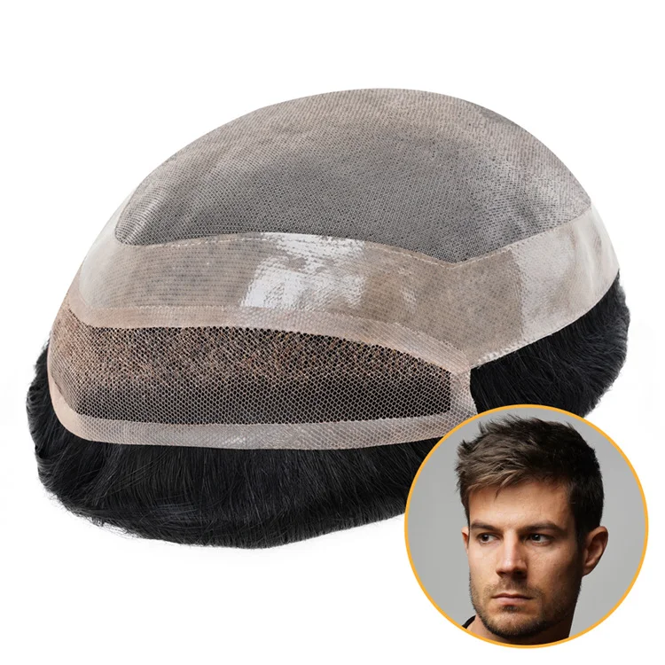 

HW10x8 дюймов мужской парик на всю голову с кружевной передней частью и основанием из искусственной кожи вокруг и моно, топпер для волос, неdectable, естественный вид