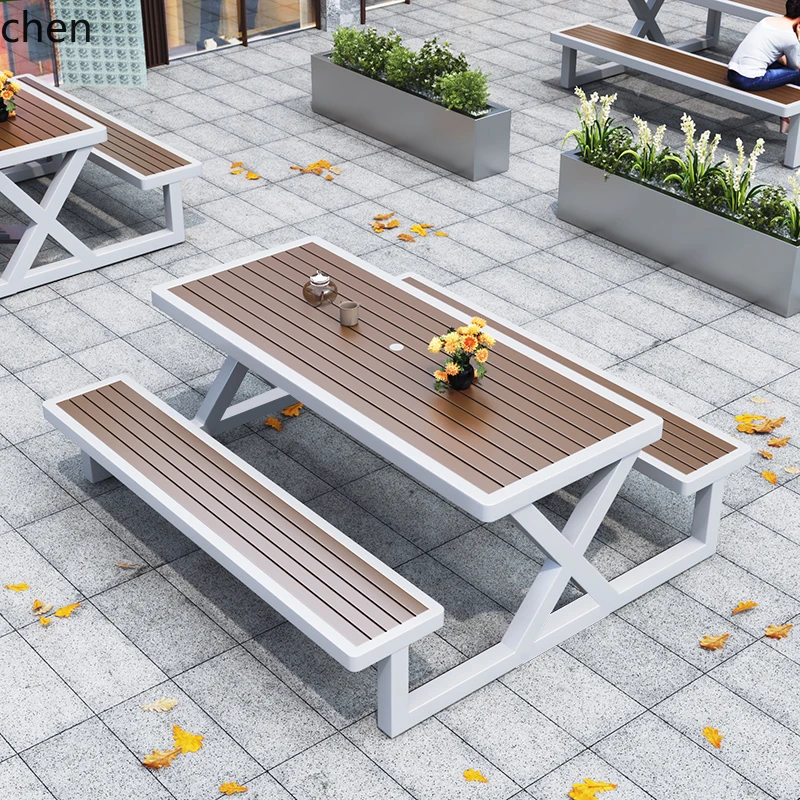 ZML Integrated Outdoor Plastic Wood Table and Chair Set for Courtyard Garden Outdoor Open Space Park