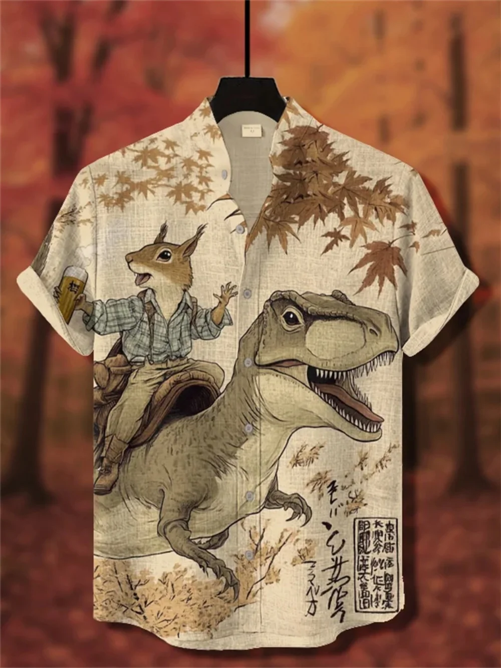 

Men's Fashionable Cartoon Printed Shirt Stand up Collar Short Sleeve Linen Breathable Casual Streetwear plus Size