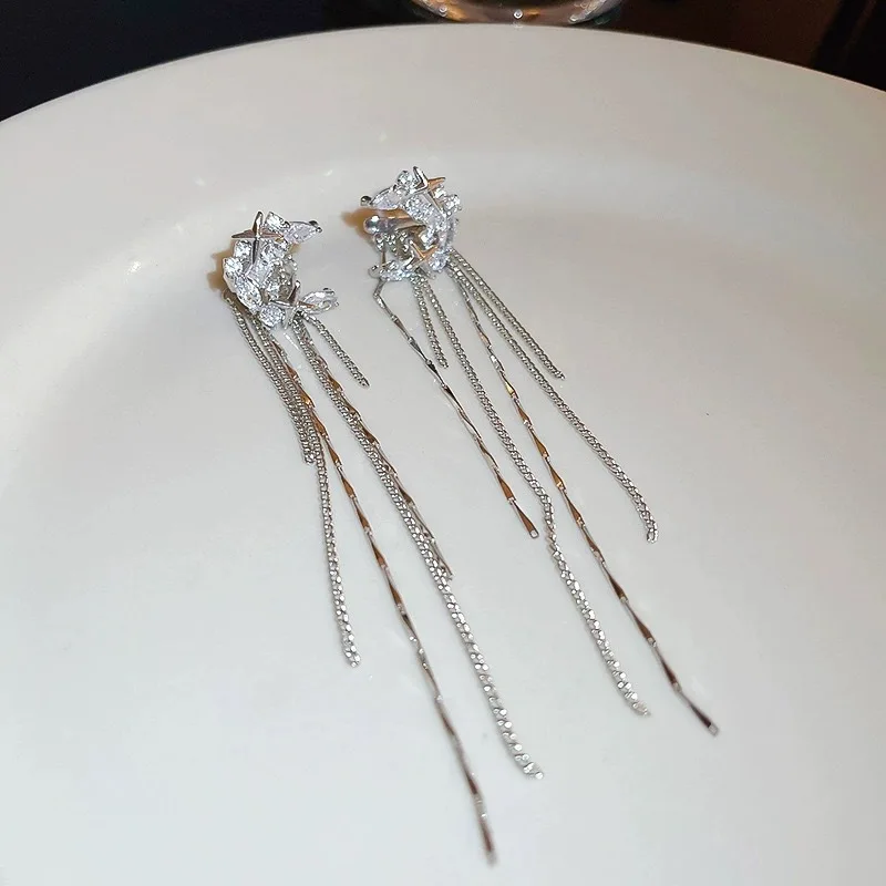 الكورية الأزياء حجر الراين نجمة القمر شرابة الأقراط الطويلة أزياء أنيقة الزركون قرط كبس دون ثقب الأذن عارضة المجوهرات هدية #5