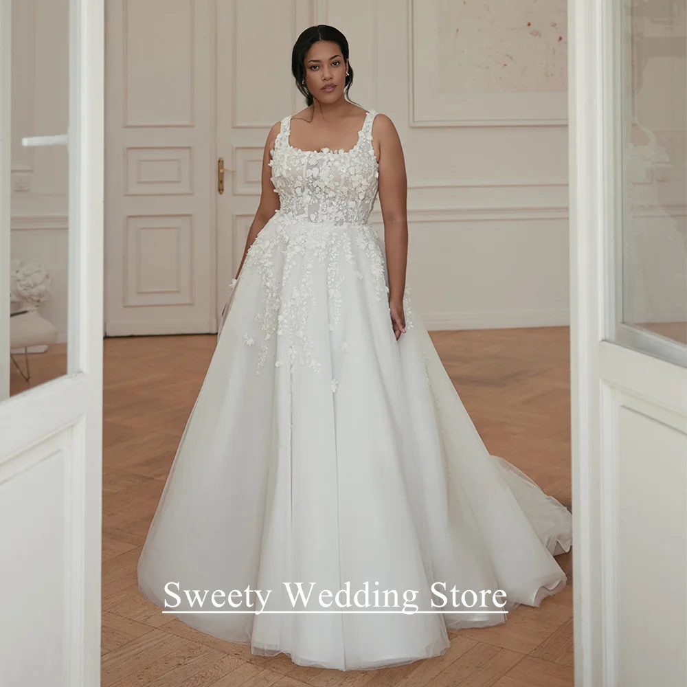 Hochzeitskleid in Übergröße für die Braut, maßgeschneidert, ärmellos, quadratischer Ausschnitt, Perlenstickerei, Spitze, Tüll, rückenfrei, Sweep-Zug, Brautkleid