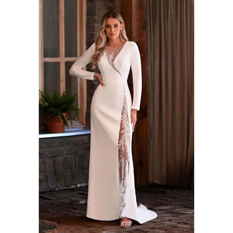 Long Sleeve O-Neck Lace Elegant Evening Dresses Side Illusion Floor Length Sweep Train Gowns Special Occasion Women Mermaid