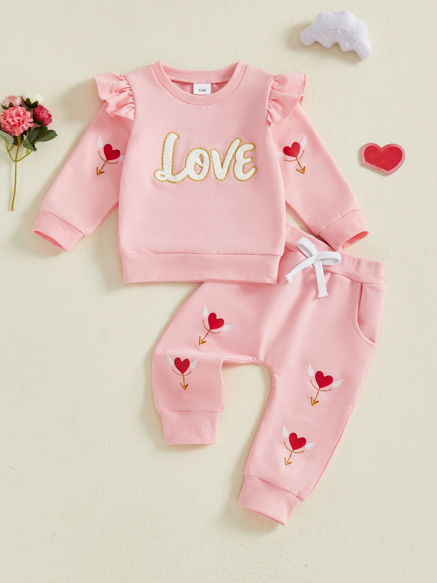 

Infant Girl Valentine s Day Outfit Pink Heart Print Ruffle Sleeve Top and Leggings Set for Toddler Baby Girl 2 Pcs Set