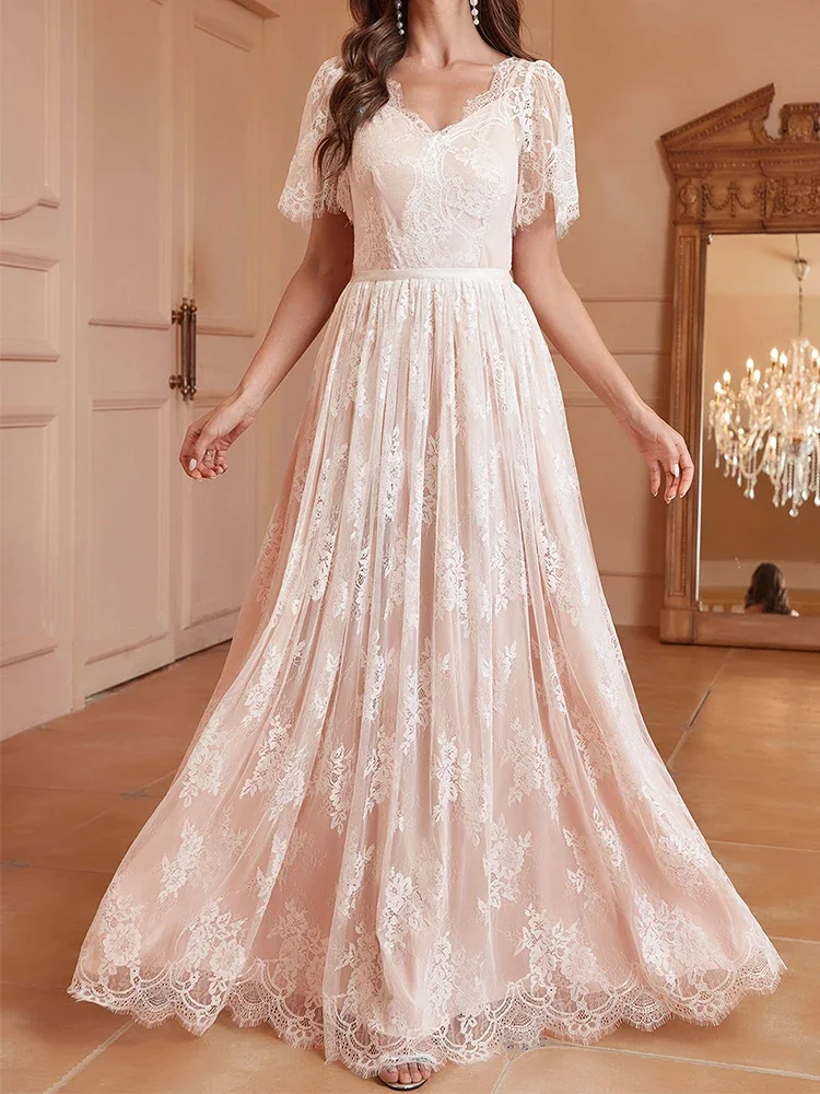 2024 Spring Summer Women\'s Pink Lining White Lace Backless Wedding Bridesmaid Dress Long Vestidos De Fiesta