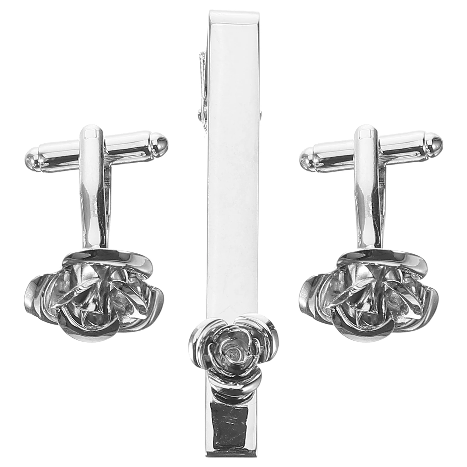 

1Set Bright Silver Rose Cufflinks Tie Clip Sturdy Metal Accessories for Wedding Business Formal Suit Shirt Men's Cuff Links