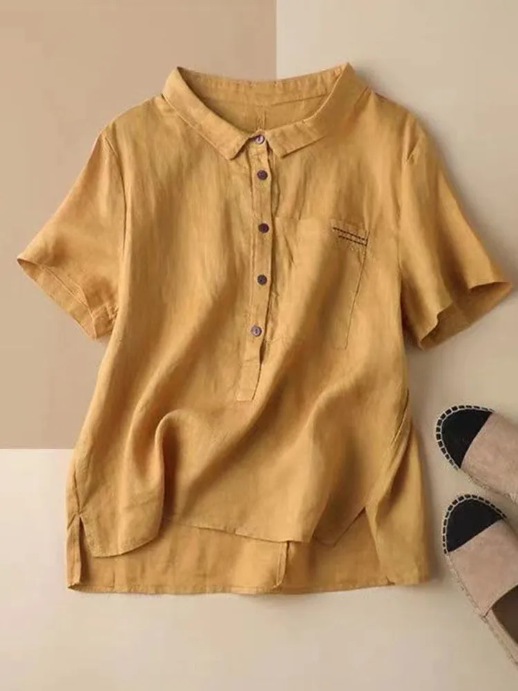 

Women Summer Casual Blouses Shirts New Arrival 2022 Vintage Style Solid Color Loose Female Short Sleeve Cotton Tops D323