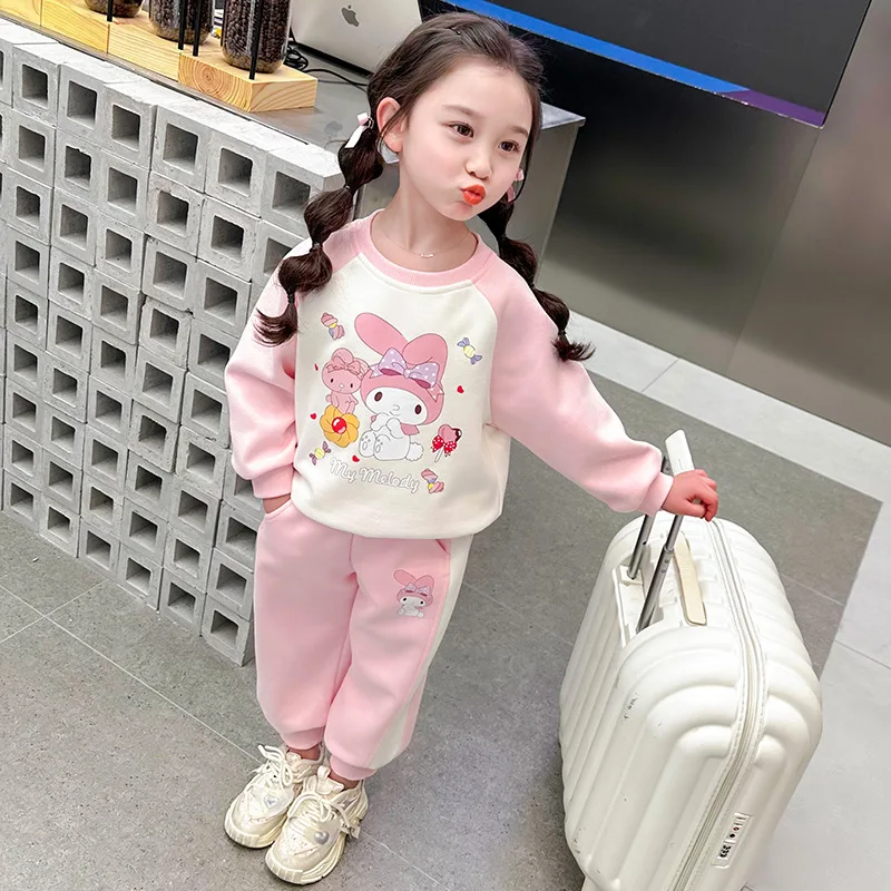 Sanrio Kuromi Cartoon Print Children's Clothing Sets Girls Sweashirt +Sweatpant 2 Pcs Suit Autumn Kids Tracksuit for 3-8Years