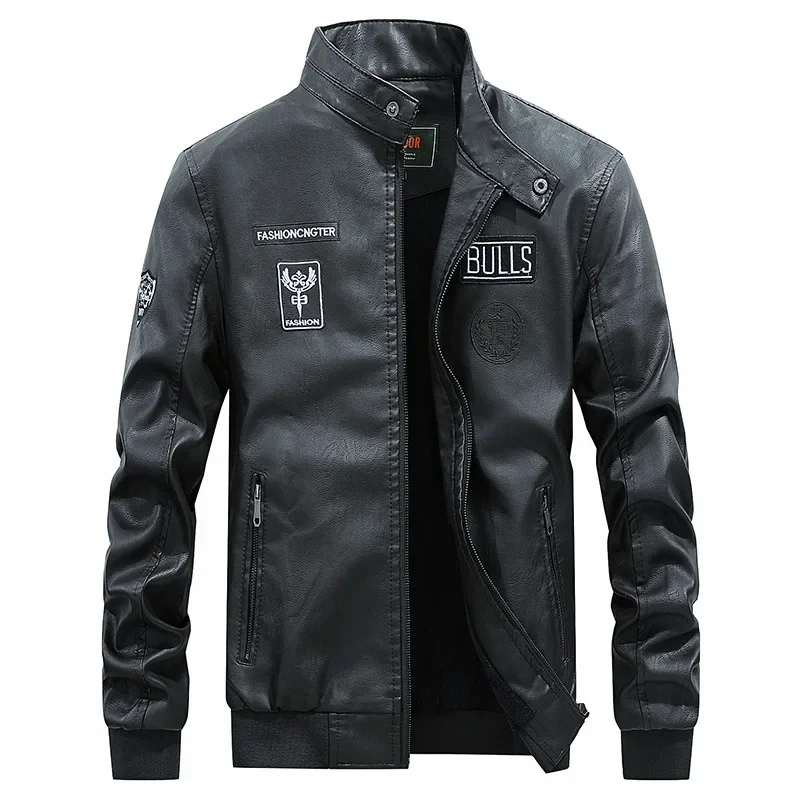 Maidangdi's New Brand Autumn/winter Men's Leather Jacket Trend Embroidered Logo Zipper Stand Up Collar Button Coat