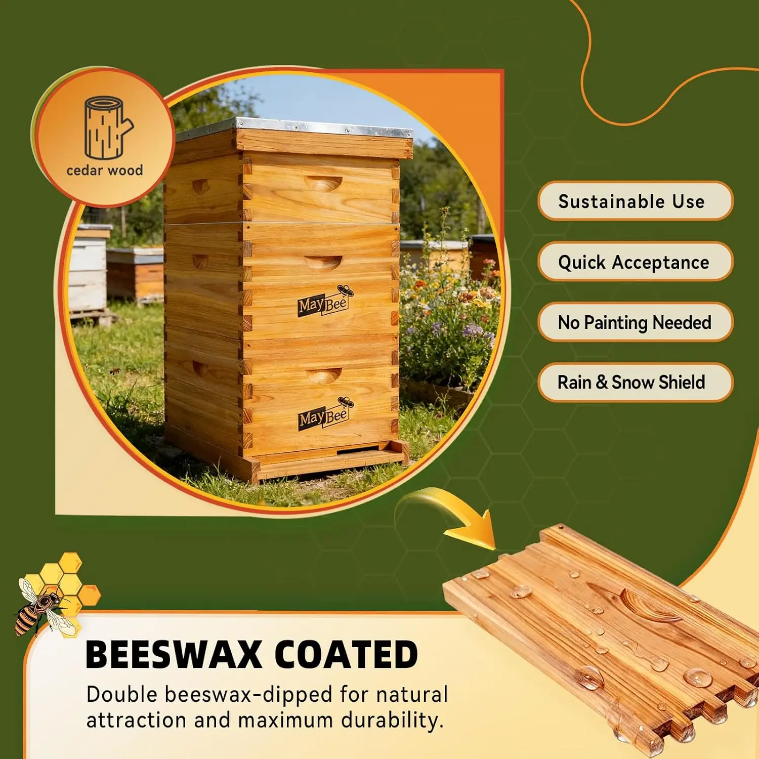 10-Frame Langstroth Beehive Dipped in Beeswax, Complete Bee Hives Includes 2 Deep Bee Boxes and 1 Medium Box with Beehive Frames
