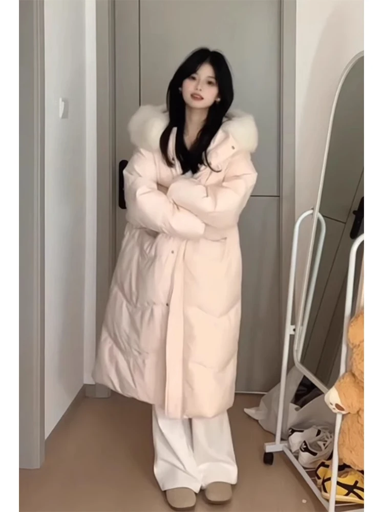 

Розовое утепленное хлопковое пальто средней длины с большим меховым воротником, женское зимнее корейское пальто выше колена с капюшоном