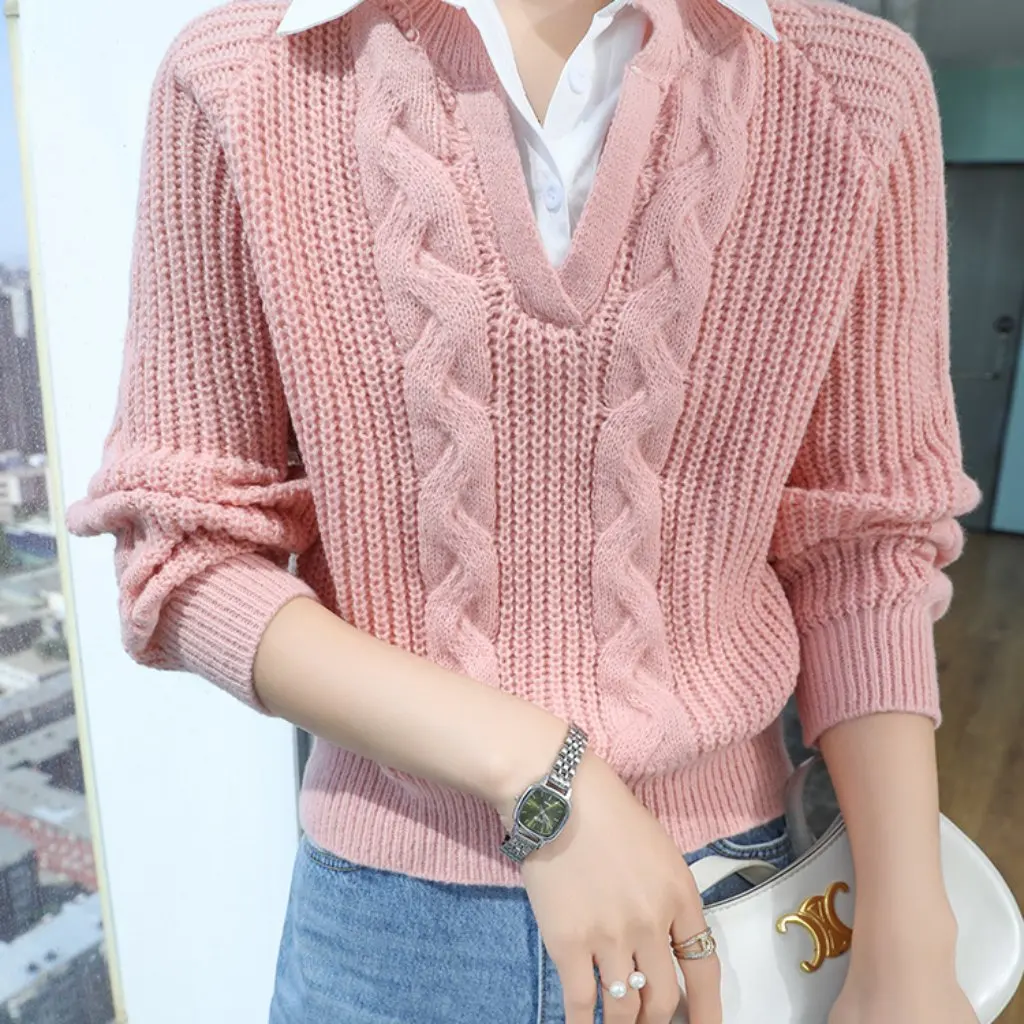 

Women's Japanese Style Fake Two-piece Sweater Autumn Winter Retro Lazy Design Twist Polo Collar Top
