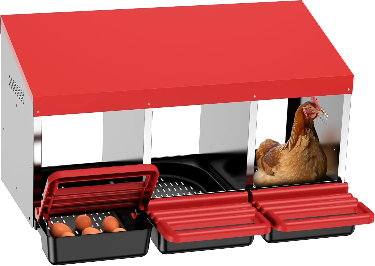 

3-Hole Metal Chicken Nesting Box with Swing Perch and Rollout Egg Collection for Coop