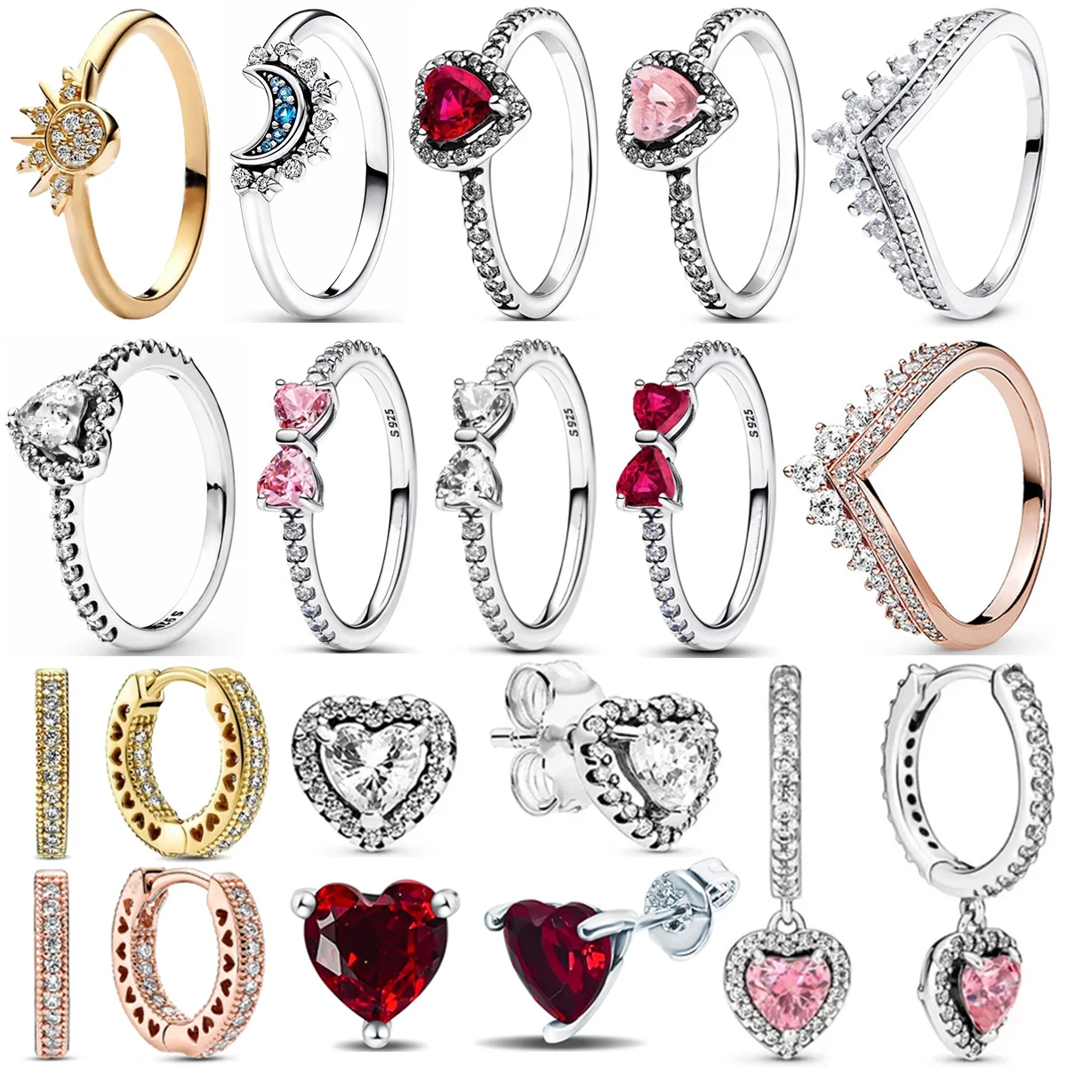 Plata de Ley 925 brillante de lujo con lazo gema diamante forma de corazón pareja Luna sol anillos pendiente aro trasero para mujer lindo regalo